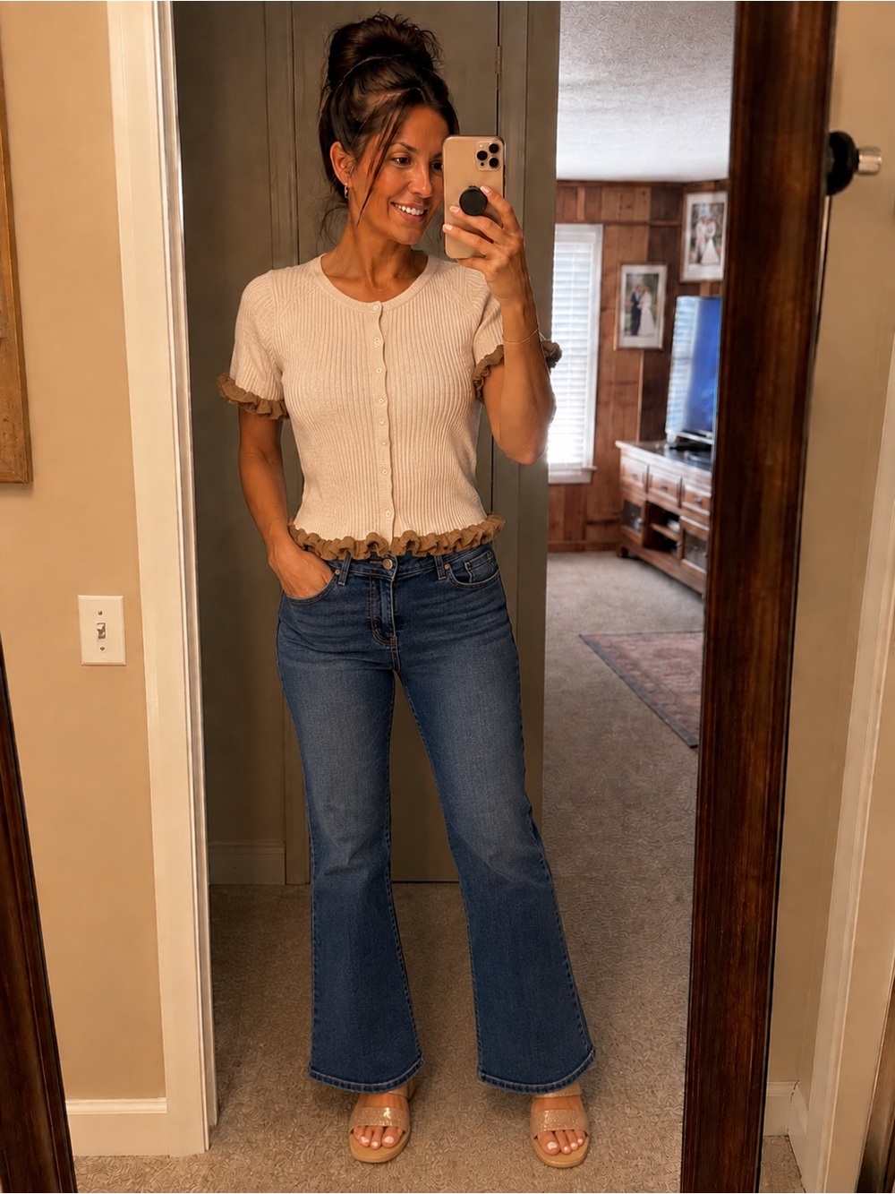 Sunday Cream Knit Ruffle-Trim Button Front Top with Tan Accents
